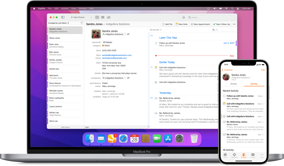 Daylite's Contact view on a MacBook showing recent emails, call notes, and follow up reminder