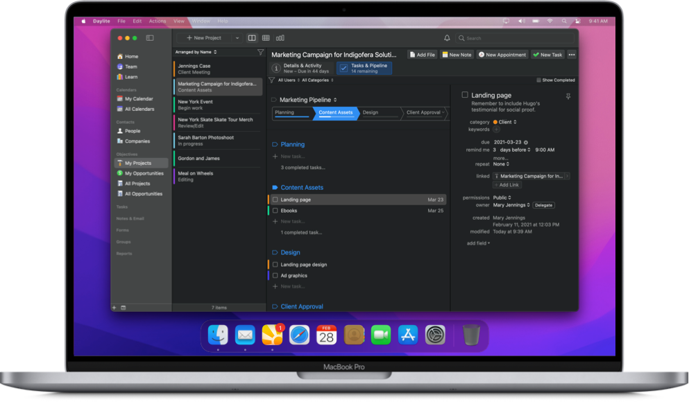Daylite app's Project pipeline view in dark mode on a MacBook