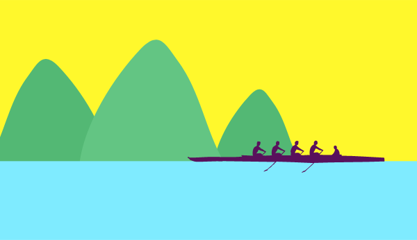 Illustration of a lake with five people roaming a boat, one directing the other four, symbolizing how to turn your team into a successfully engaged team
