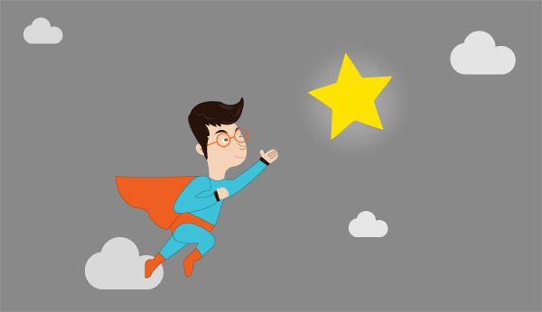 Illustration of a person dressed as a superhero is flying through the sky trying to reach a star.