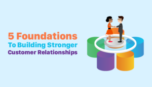 Illustration of two people standing on top of cylindrical coloured shapes while shaking hands. Title reads "5 Foundations to Building Stronger Customer Relationships"