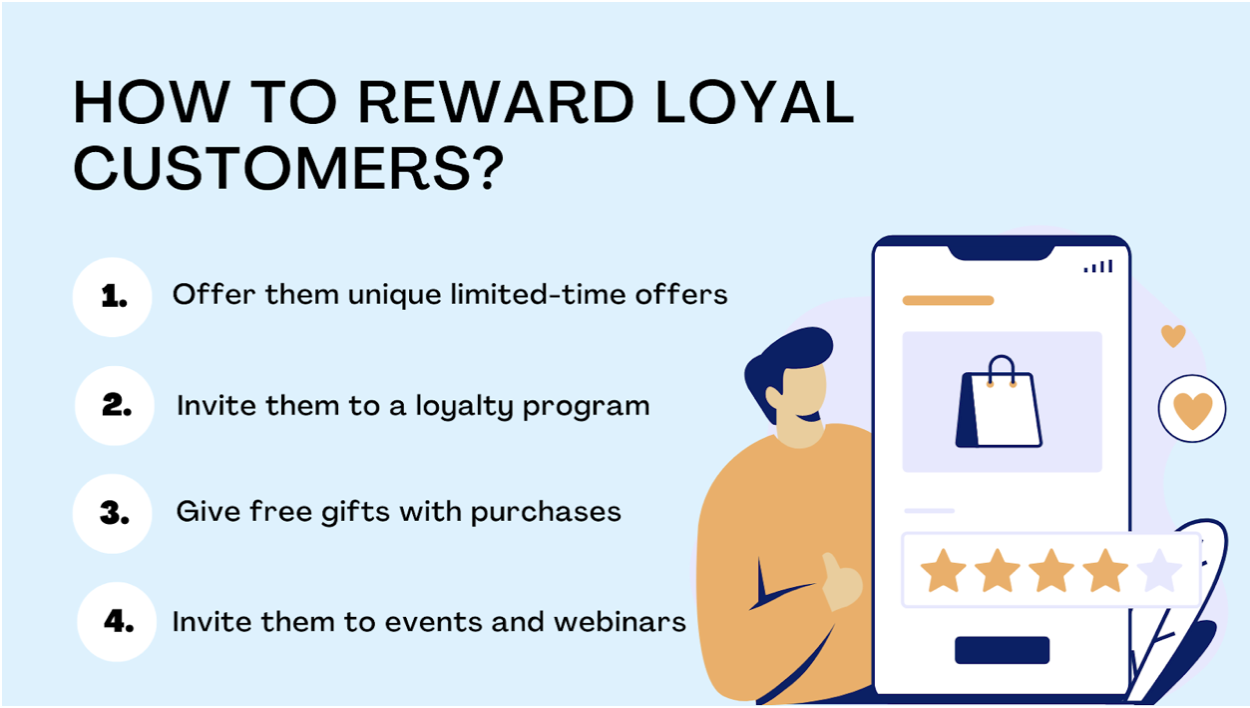 Graphic shows a light blue background and the title "How to reward loyal customers".  