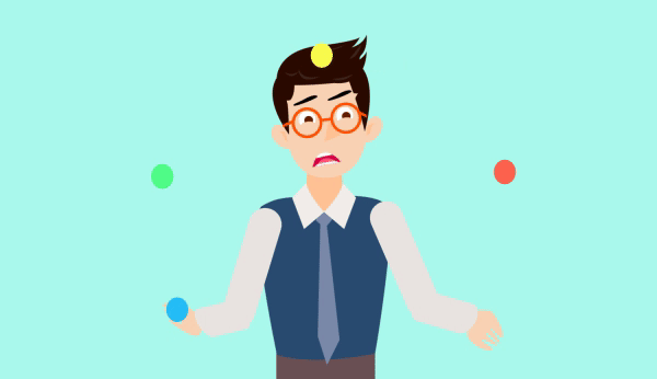 Gif of animated man juggling on blue background 