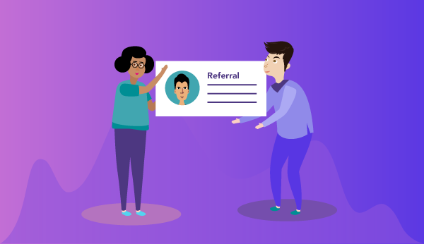 animated characters asking for a referral 