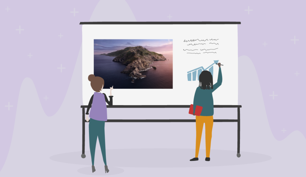 animated characters working on a whiteboard with catalina macos
