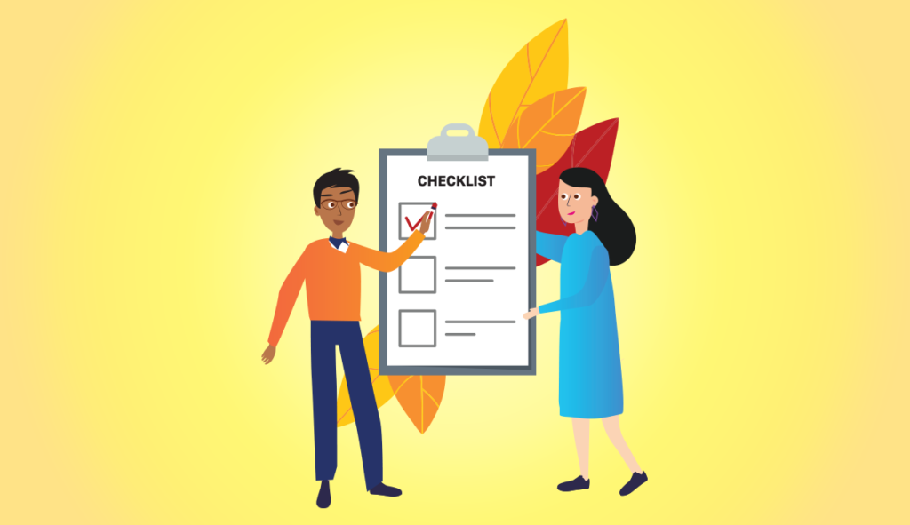 animated characters on yellow autumn background holding a checklist