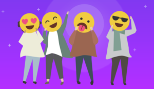 Four people stand casually side by side, each person has a different emoji with varying expressions in front of their face.