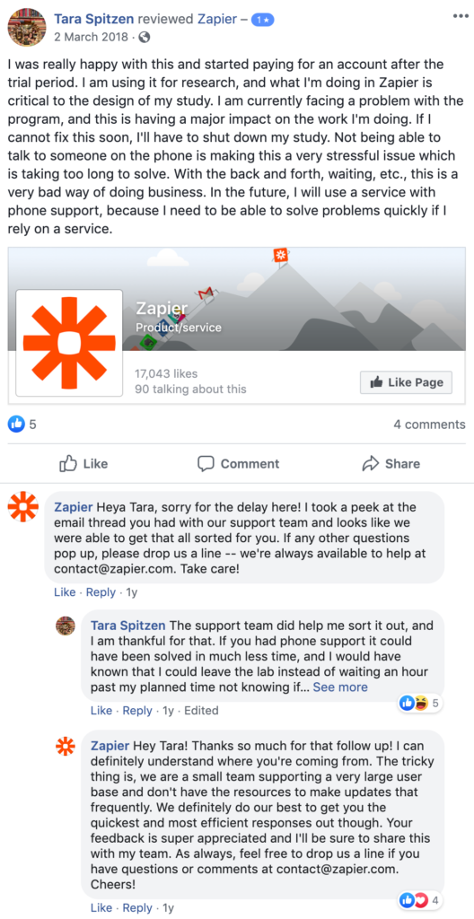 Screenshot of a social media post where a customer complains about Zapier services, and the reply from Zapier to the comment. 