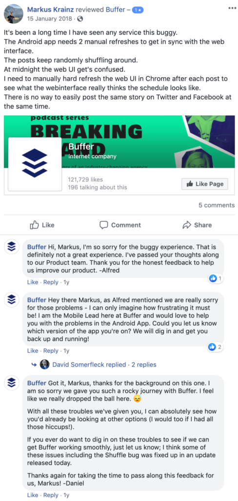 Screenshot of a social media post where a customer complains about Buffer's services, and the reply from Buffer to the comment. 