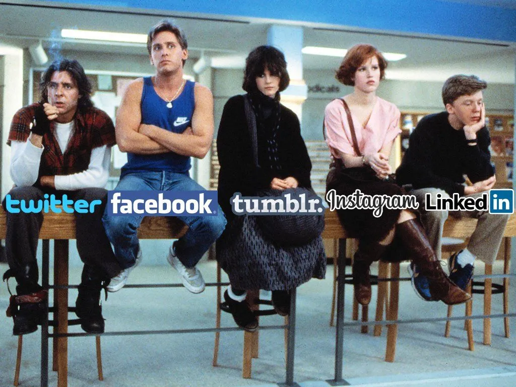 The five characters from the movie The Breakfast Club sitting side by side, each representing a different social media platform. 