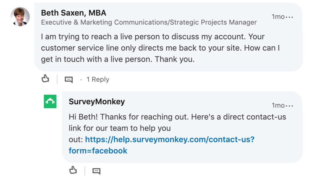 Screenshot of a social media post where a customer shares a feature request from SurveyMonkey, and the reply from SurveyMonkey to the comment. 