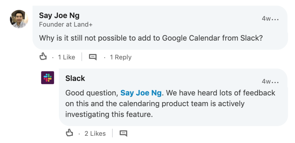 Screenshot of a social media post where a customer shares a feature request from Slack, and the reply from Slack to the comment. 