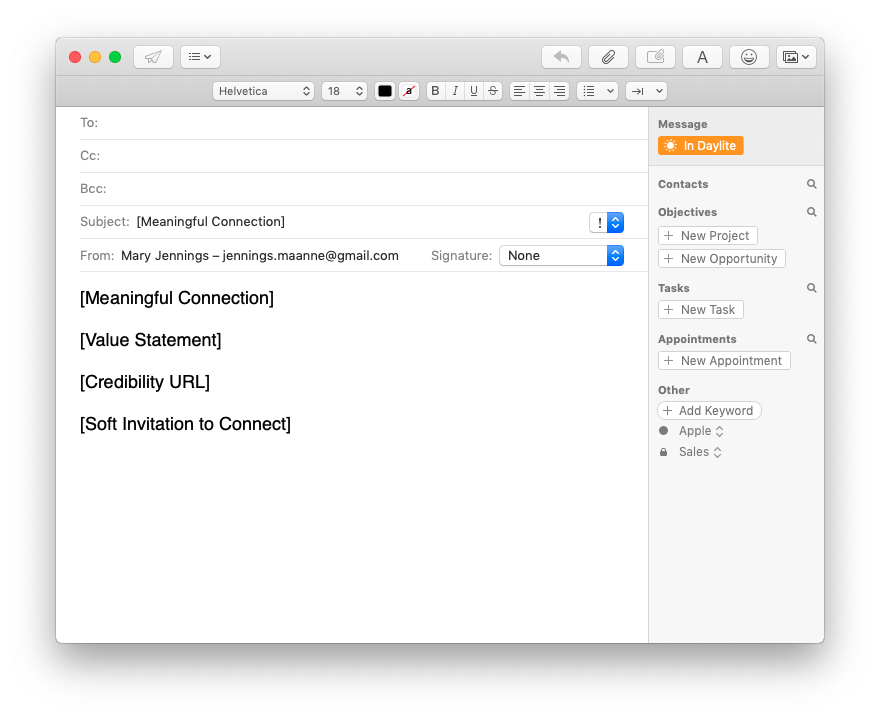 apple mail compose window with daylite mail assistant and warm follow up email template
