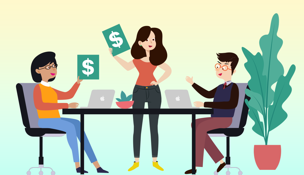 Illustration shows three people in a meeting, discussing female entrepreneur grants in Canada. 