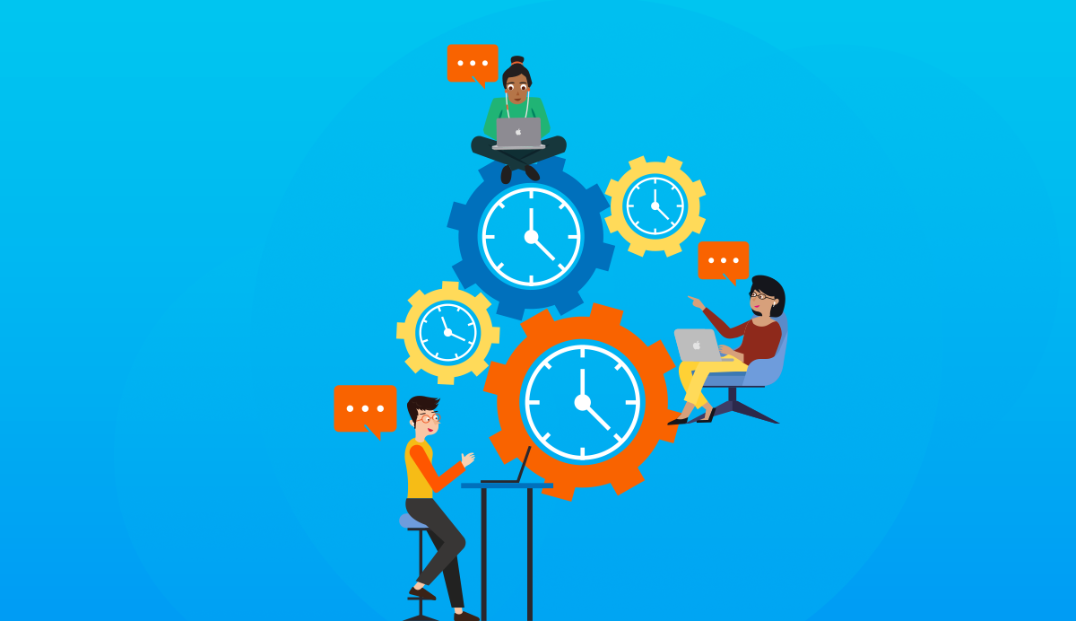 Time management - teams working together with gears and clocks showing working against time