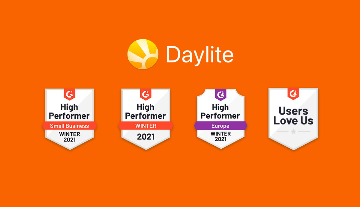 4 banners awarded to Daylite: High Performer in Small Business for Winter 2021, High Performer for Winter 2021, High Performer in Europe for Winter 2021, Users Love Us