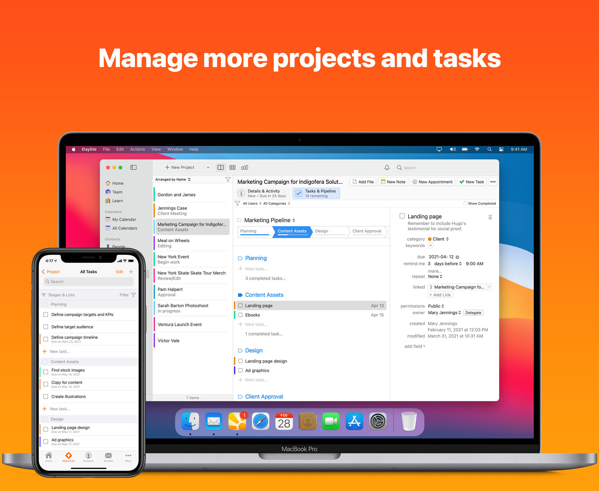 Browser and phone app open to Daylite by Marketcircle - CRM and Project management software for remote teams