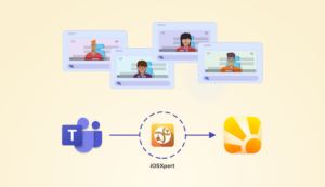 Four people meeting virtually on Microsoft Teams. Below them is an arrow with iOSXpert's logo within it, the arrow points from Teams' logo to Daylite's logo