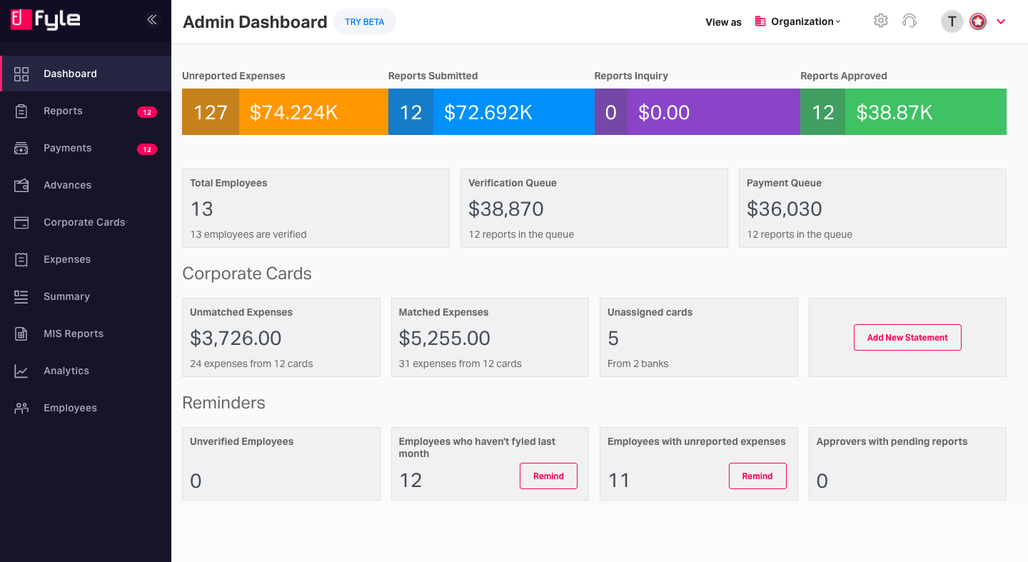 Dashboard of Fyle Expense management software for remote employees