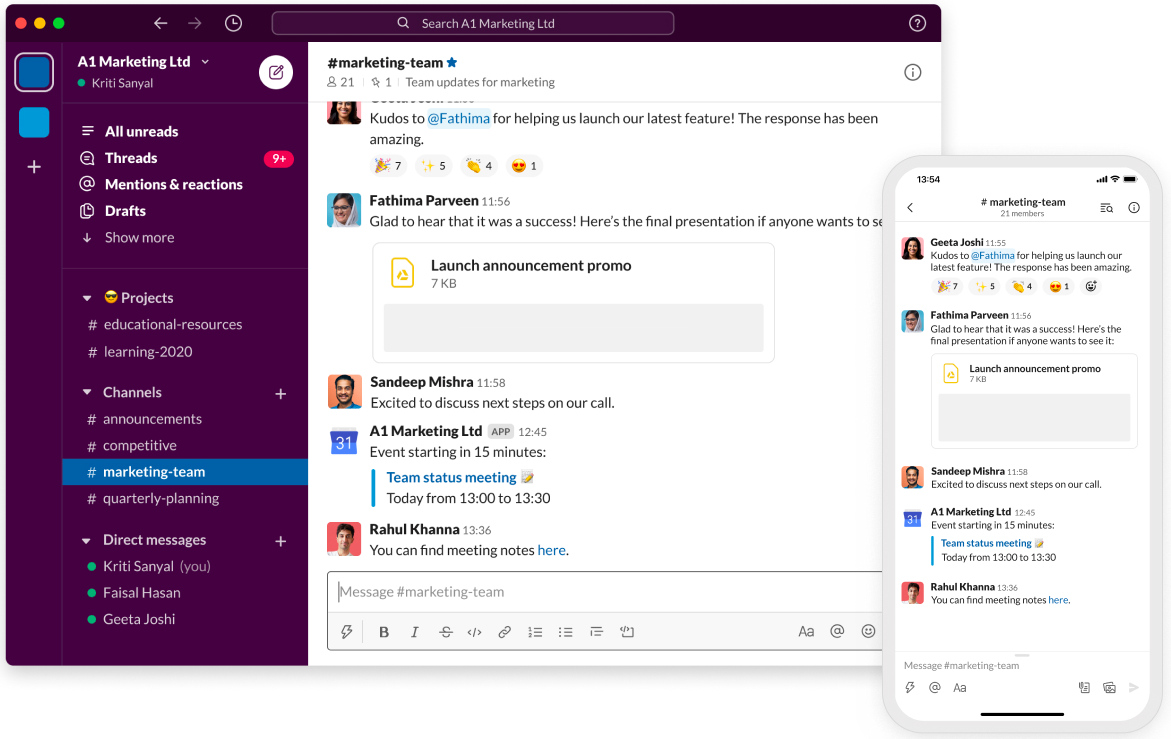 Slack open on phone and desktop, communication app for remote workers