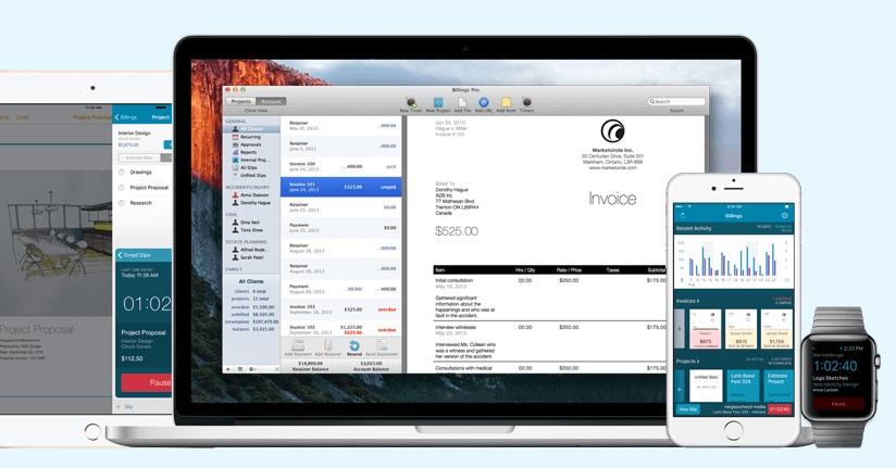 iPhone, Apple watch, and Mac showing Billings Pros, time tracking tool for employees working remotely