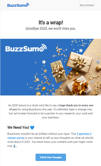 Screenshot of an email sent by BuzzSumo asking readers to take a survey.