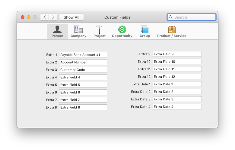 Screenshot of custom fields customization window in Daylite