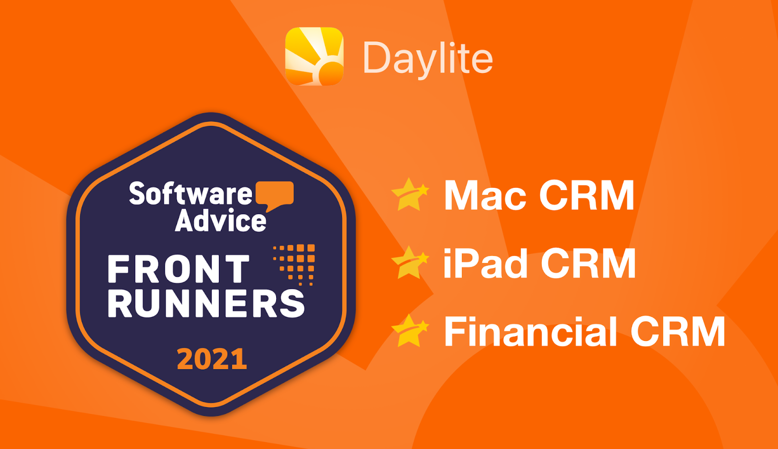 Image shows and orange background with Software Advice FrontRunners badge on the left side. Right side shows a list that reads "Mac CRM, iPad CRM and Financial CRM". Daylite logo at the top. 