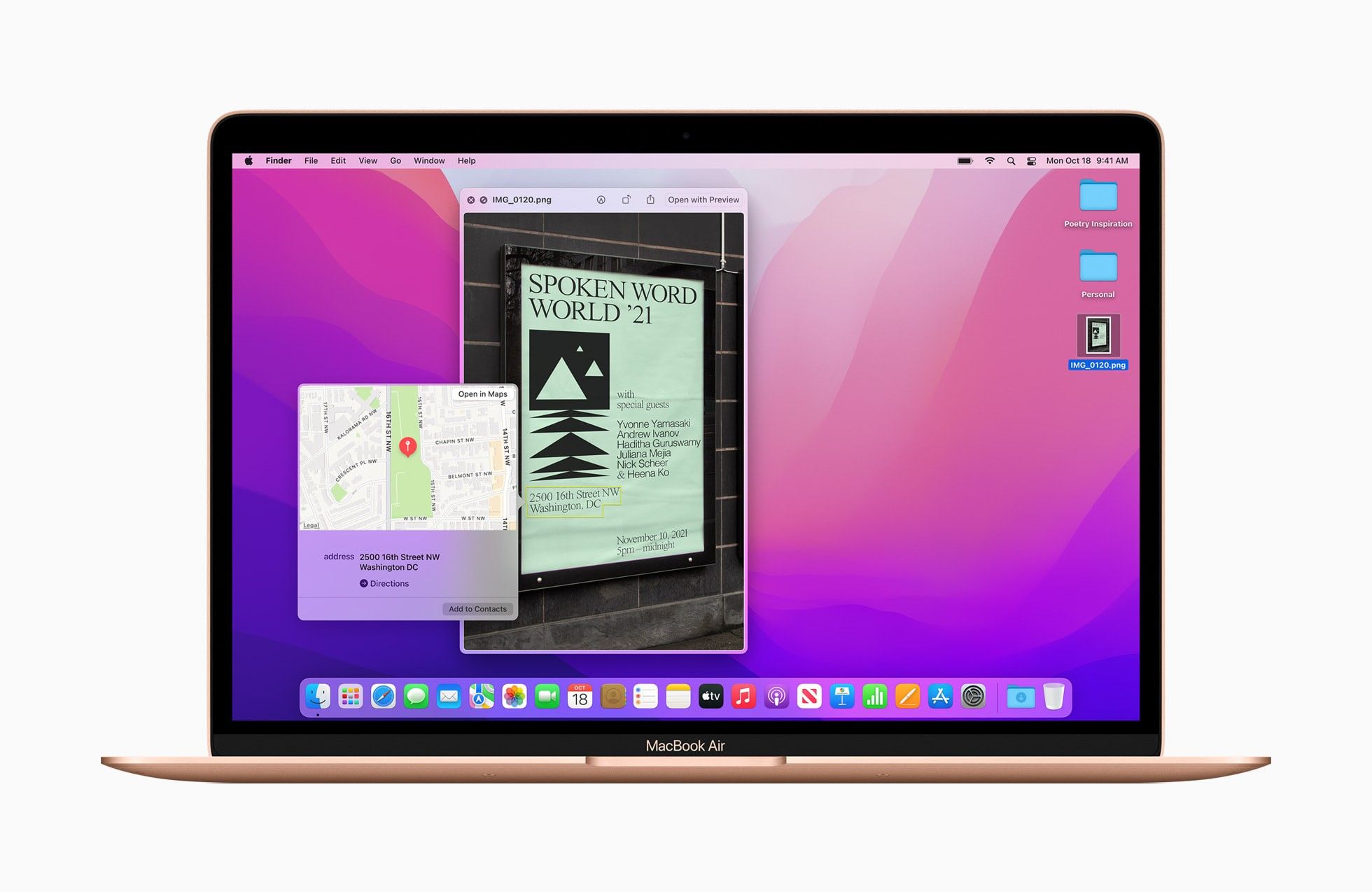 MacBook Air with macOS Monterey wallpaper. In the screen, a photo of an event poster and a window with the map to the venue, exemplifying how Live Text works on macOS Monterey.