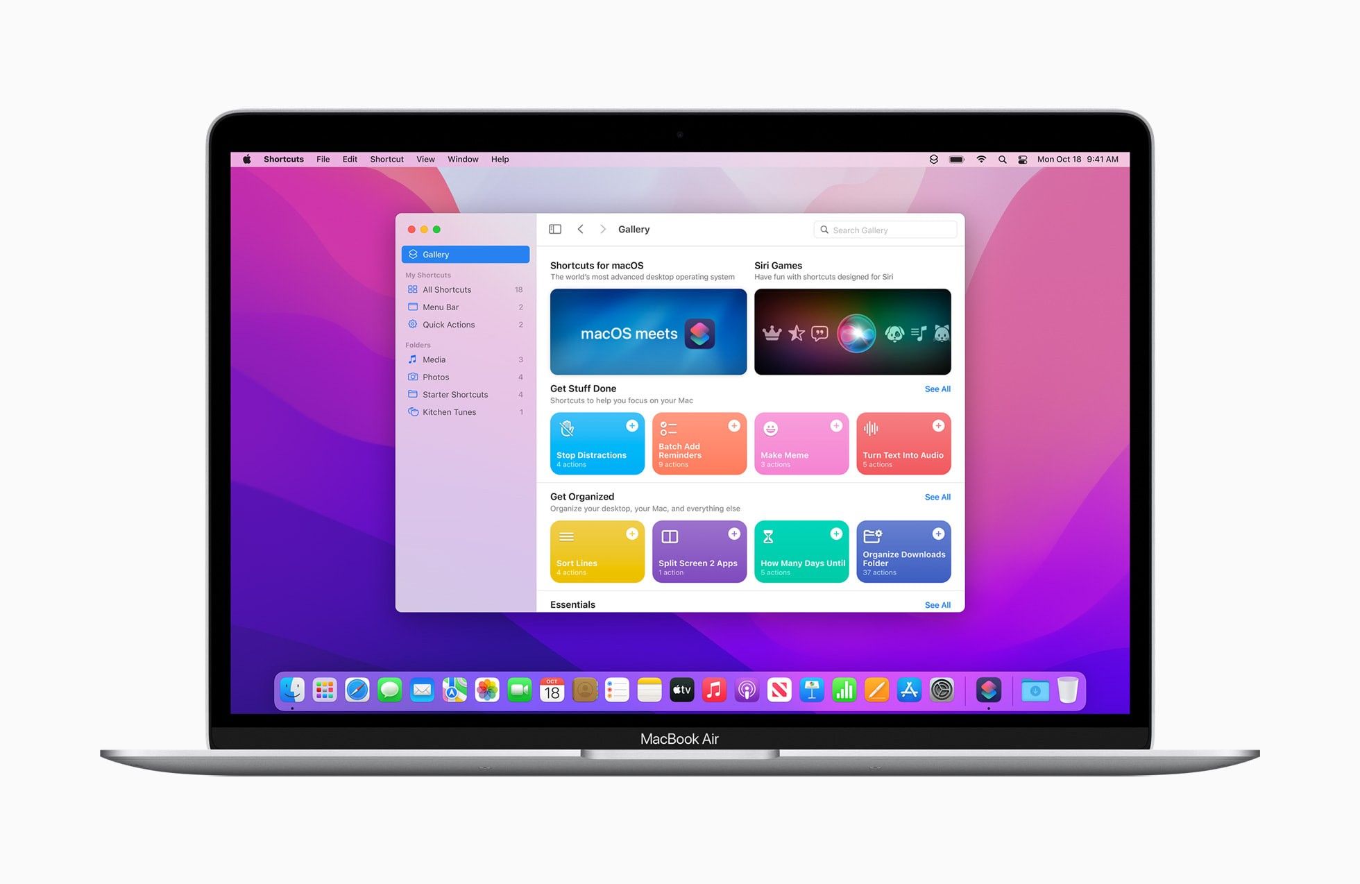 MacBook Air with macOS Monterey wallpaper. In the screen, the screenshot of the Shortcuts feature.
