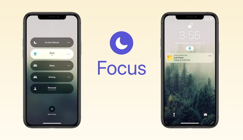 Illustration of two iPhones side by side on a light yellow background. On the phone on the left, the screen shows an active focus mode. On the phone on the right, the screen shows a time sensitive notification while the focus is active. In between the iPhones, there's a round purple circle with a crescent moon icon. Underneath, it reads the word "Focus".