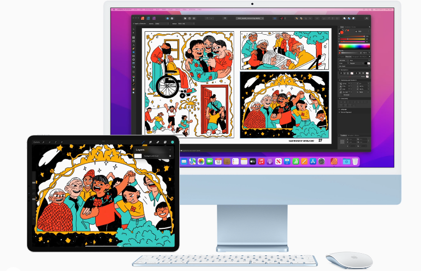 Mac computer and iPad side by side. The Mac screen shows a series of artistic illustrations, while the iPad screen shows another one, exemplifying how Universal Control works on macOS Monterey across Apple devices. 