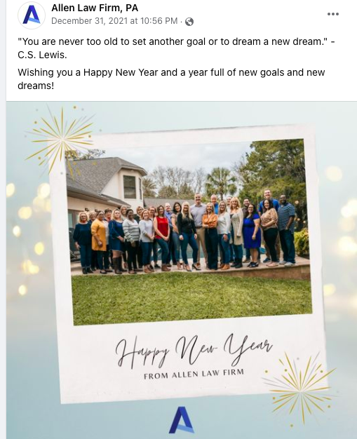 Screenshot of social media post by Allen Law Firm. Employees pose standing in a lawn in front of the company. Title says: Happy New Year