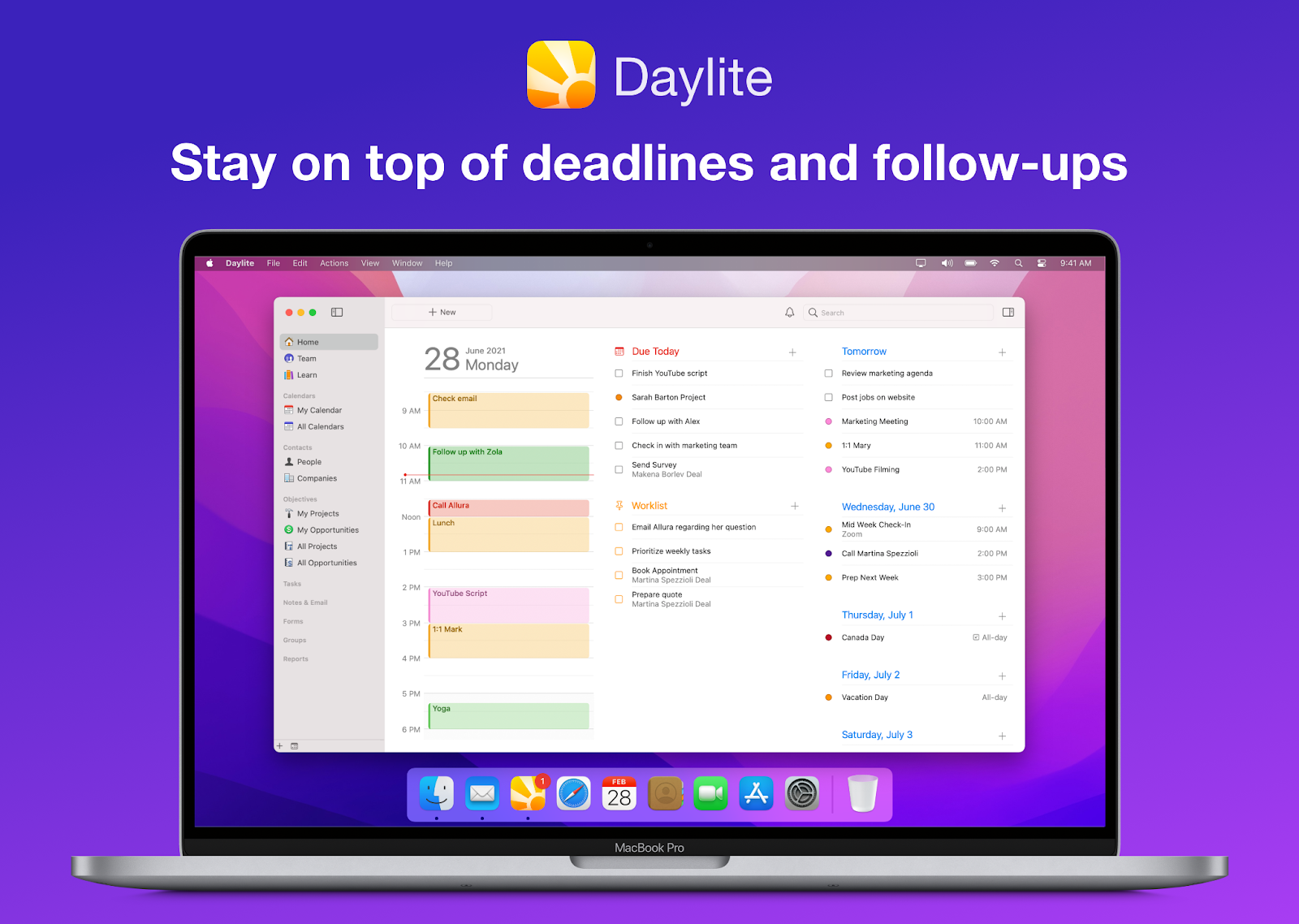 MacBook with the Daylite app open in calendar mode. Purple background. Title reads "Stay on top of deadlines and follow-ups"
