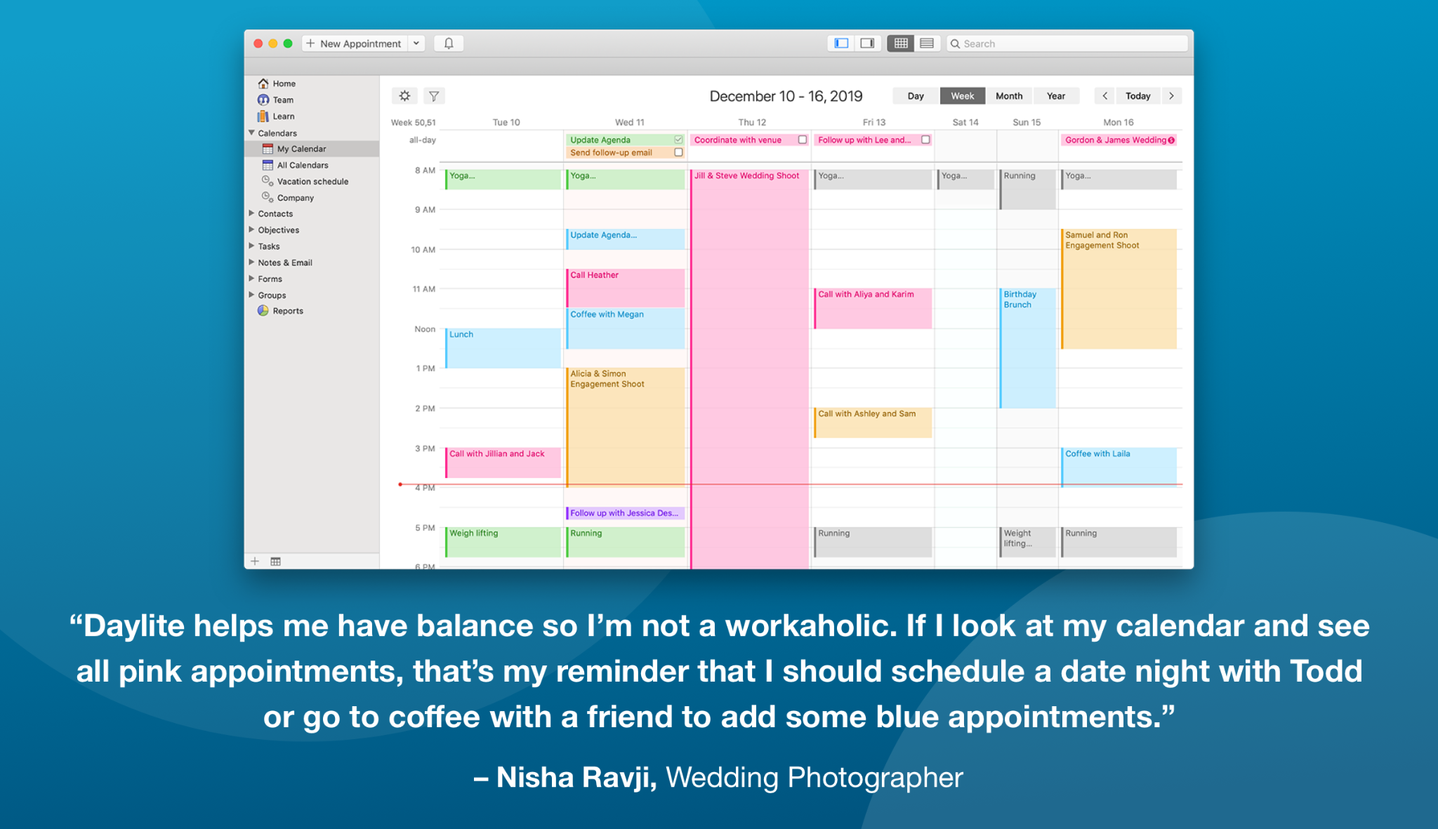 Screenshot of Daylite Calendar shows a customer's appointments and a short testimonial.