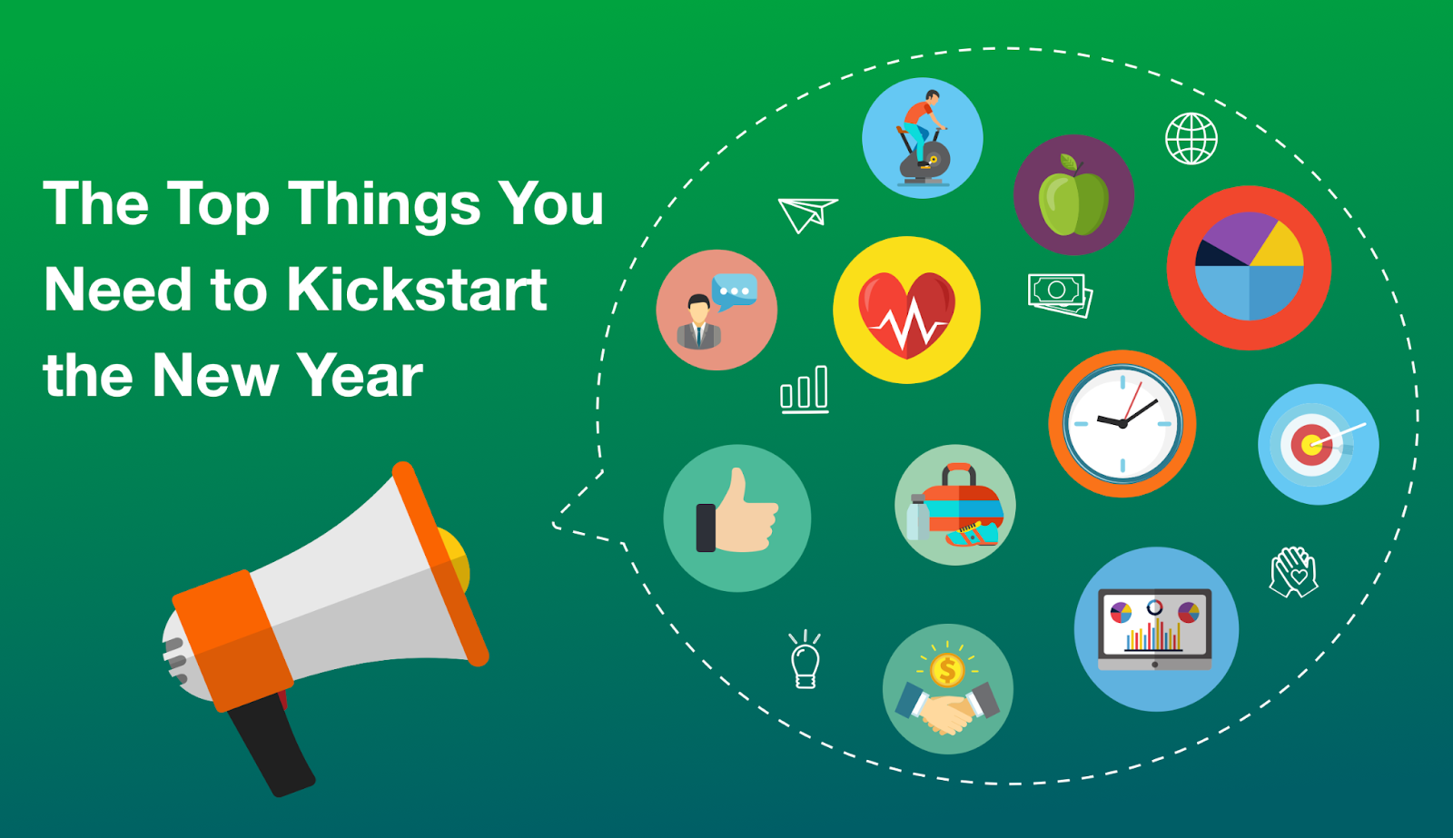 Illustration of a megaphone pointing towards a speech bubble containing various icons representing different personal and professional goals. Title reads: The Top Things You Need to Kickstart the New Year.