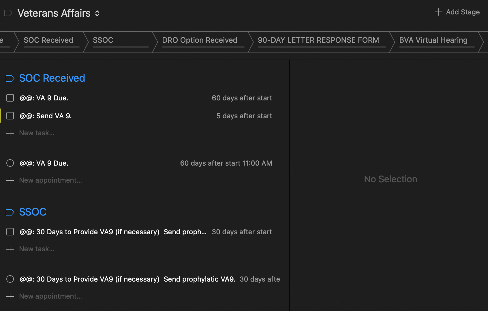 Screenshot of Daylite's pipelines displaying different follow-up tasks in dark mode. 