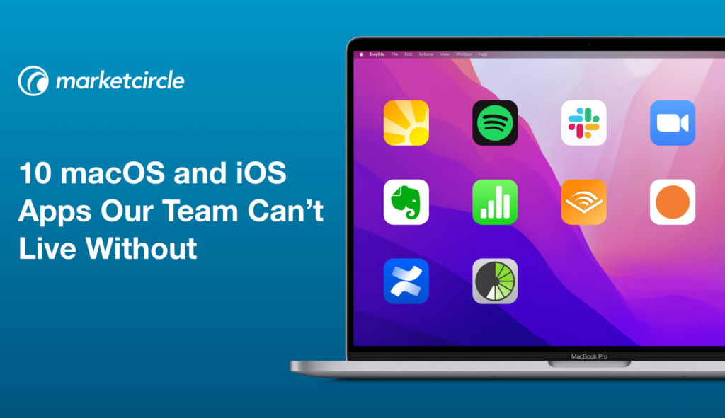 A MacBook screen showing the icons and logos of 10 macOS and iOS apps for small business owners and teams. Title: 10 macOS and iOS apps out team can't live without.
