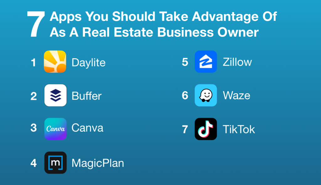 Graphic shows a list of the 7 apps real estate agents and business owners should take advantage of, broken down in two vertical columns.
