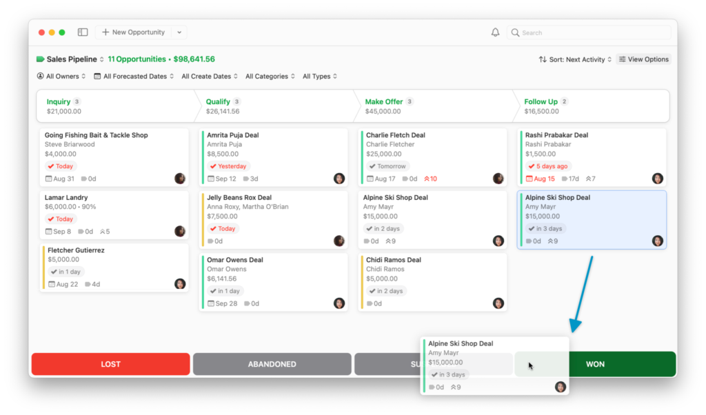 Screenshot of the Daylite Opportunities Board showing the process of dragging and dropping an opportunity card to the "Won" category in the bottom.