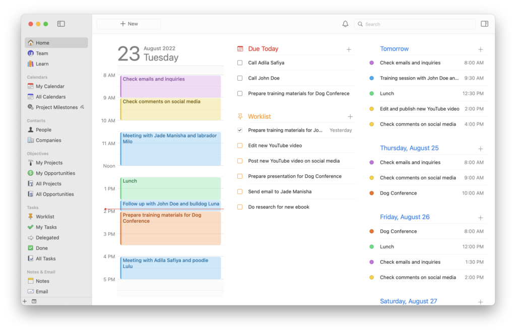 Screenshot shows Daylite Home View, with follow up tasks and meeting appointments. 