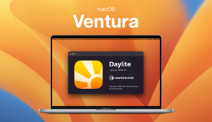 Image shows a MacBook screen on the center, showing a small window with Daylite's latest version 2022.42. Title reads "macOS Ventura". The background is Apple's official background for macOS Ventura.