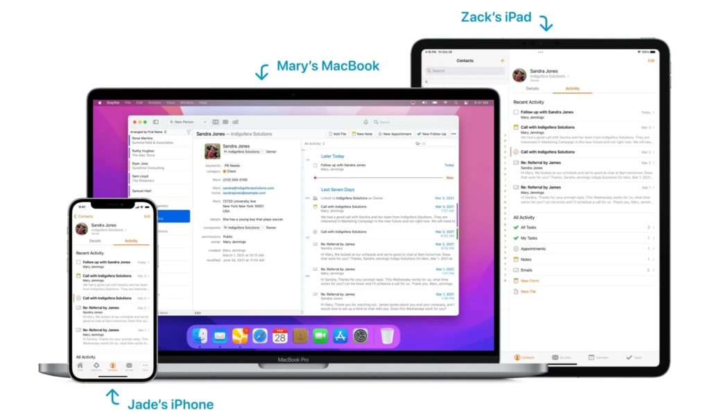 Image shows an iPhone, a MacBook and an iPad side by side, all containing different screens of workflows in Daylite. 