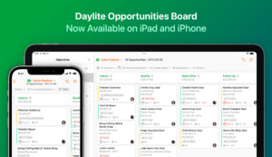 Image shows the top half of an iPad and iPhone, both showing the Daylite Opportunities Boards. Title reads "Daylite Opportunities Board. Now available on iPad and iPhone"
