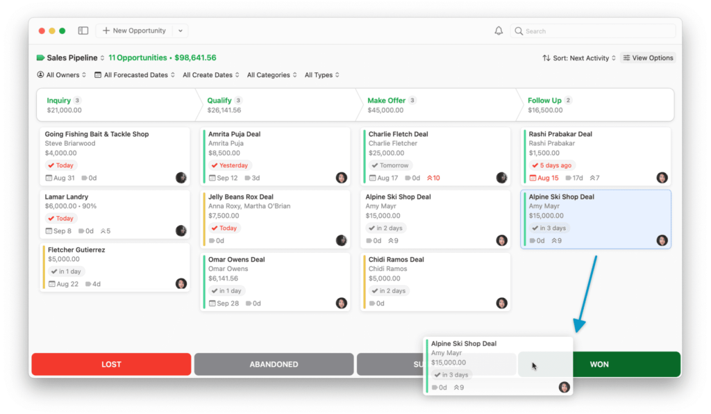 Screenshot of the Daylite Opportunities Board showing the process of dragging and dropping an opportunity card to the "Won" category in the bottom. 