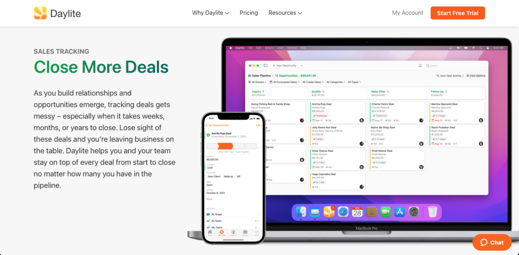 Screenshot of Daylite's Close More Deals webpage showing a MacBook screen and an iPhone side-by-side, highlighting Daylite's key features to boost sales.