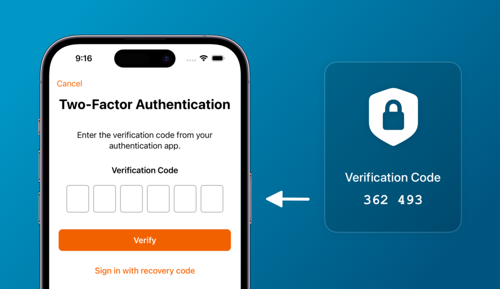 Image shows, on the left, the top half part of an iPhone screen showing the two-factor authentication step of the login process. On the right, a square shape shows a lock icon over a verification code for two-factor authentication.