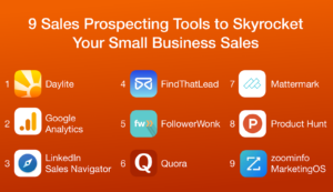 Image shows a list of the 9 best sales prospecting tools for small businesses, broken down in three columns side-by-side.