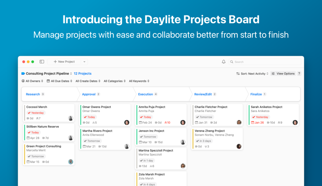Graphic shows a blue background with a screenshot of Daylite's new feature, the Projects Board. Title reads "Introducing the Daylite Projects Board"