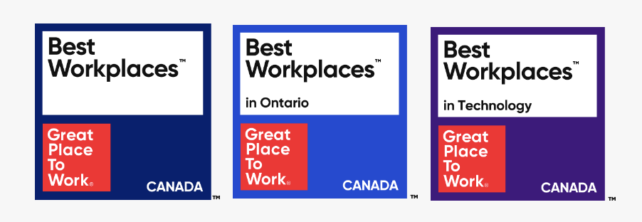 Image shows the three Best Workplaces badges side by side horizontally. From left to right: Best Workplaces in Canada badge, Best Workplaces in Ontario badge, and Best Workplaces in Technology badge.